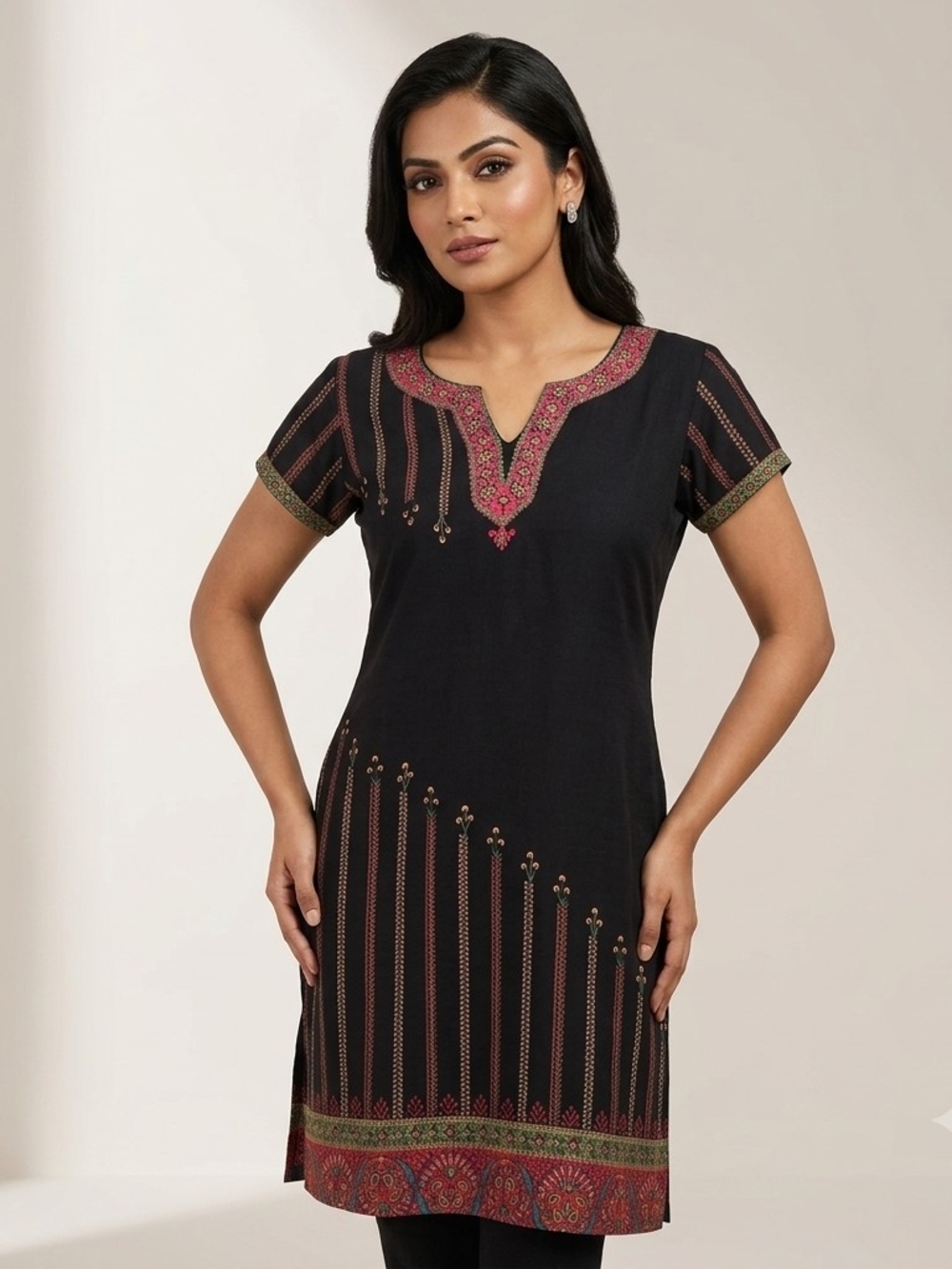 ​Black Printed Faux-Embroidery Tunic Dress with Paisley Hem Small